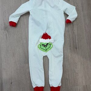Festive Kids Footie with Green Grinch and Red Accents